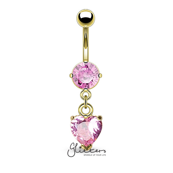 14kt Gold Ion Plated Pink Heart Shaped Cubic Zirconia Dangle Belly Button Ring