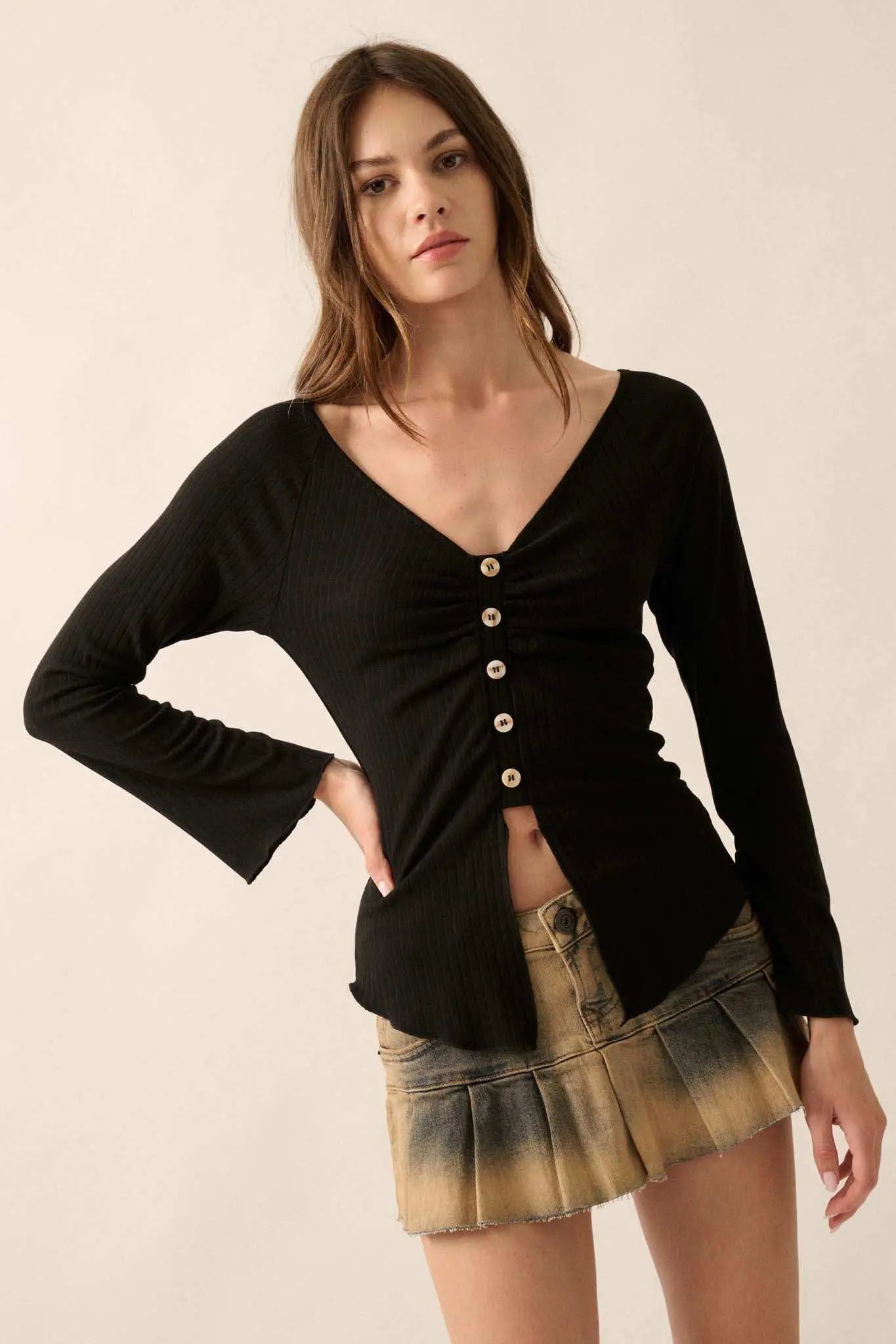 All Good Ribbed Knit Bell-Sleeve Split-Front Top