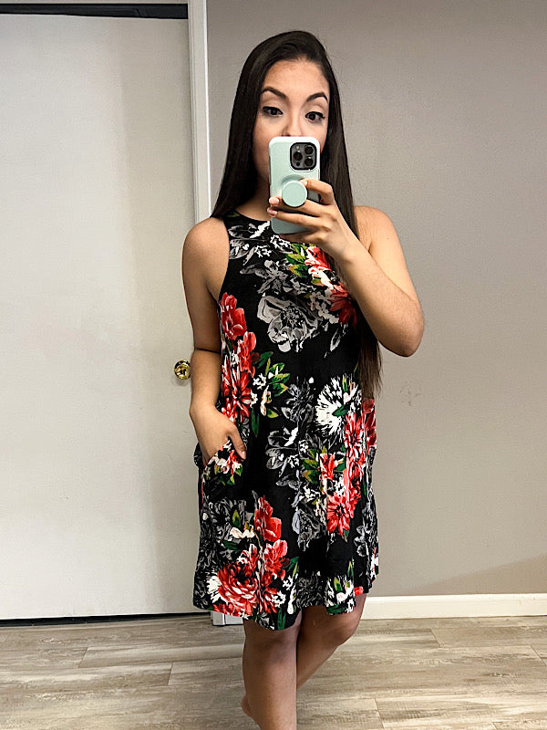 *New* Floral Black Mid Dress