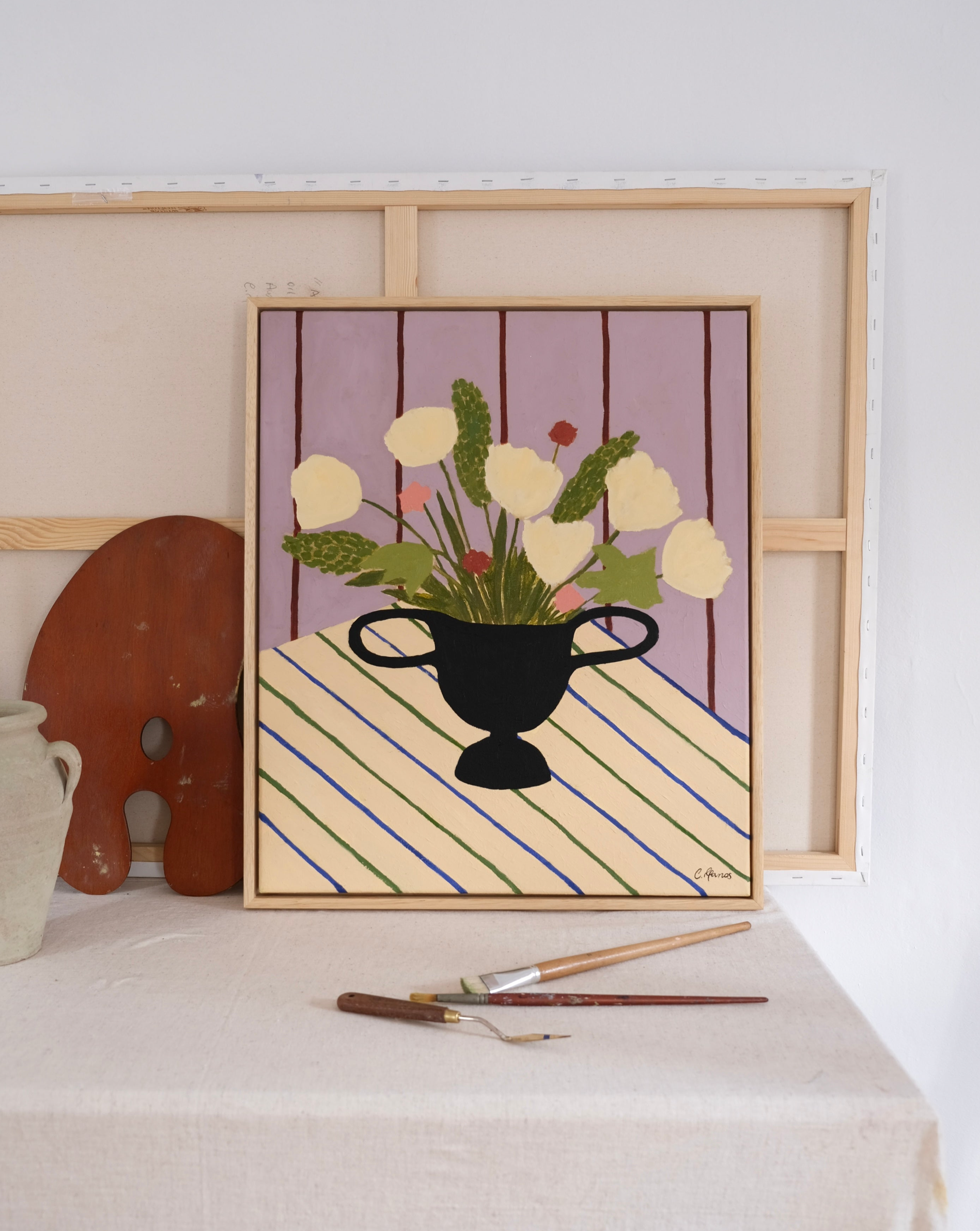 FLOWERS ON STRIPED CLOTH ORIGINAL PAINTING