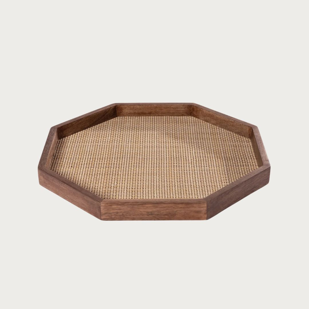 15" Mango Wood with Rattan Inlay Octagonal Tray