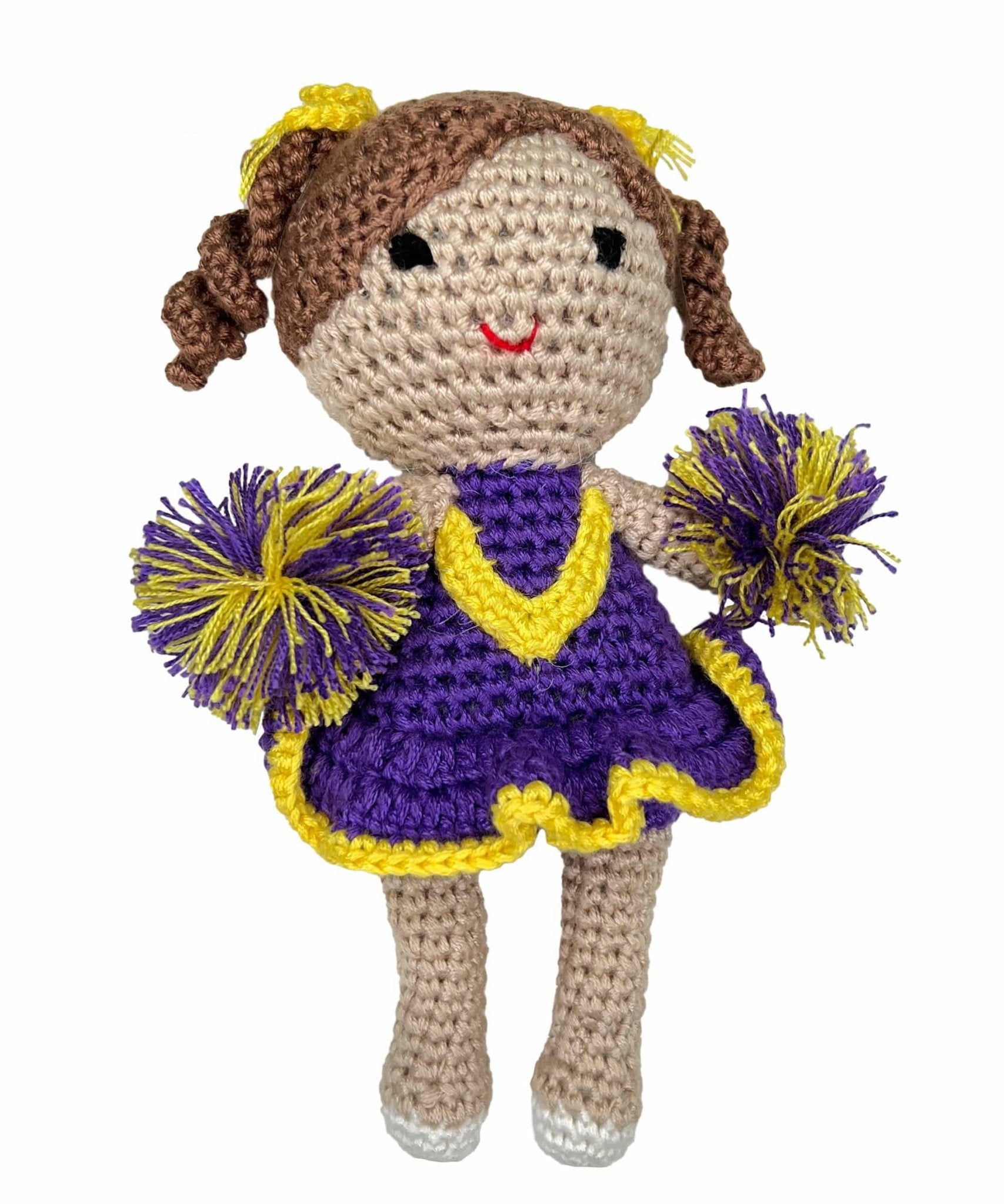 Cheerleader Bamboo Crochet Rattle - Purple & Gold