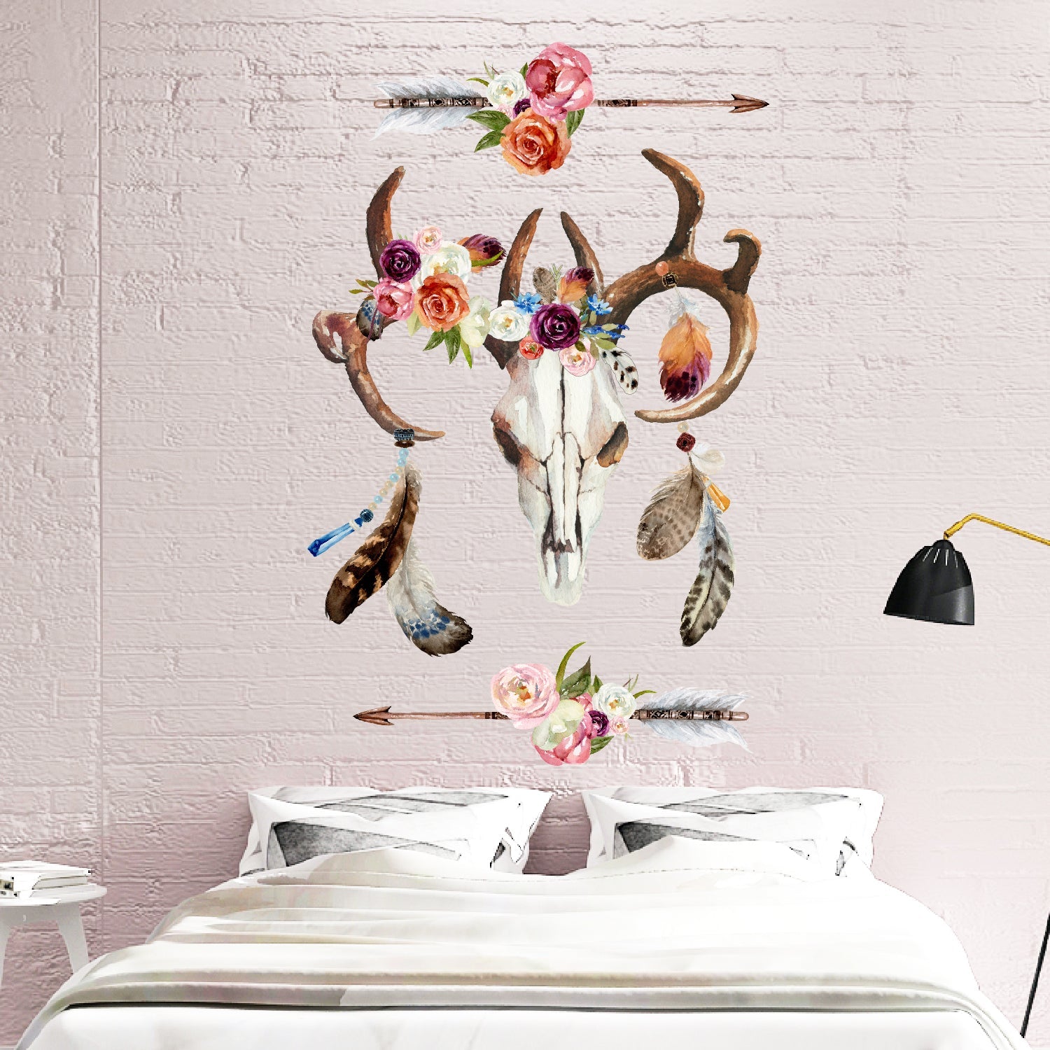 Boho Animal Skull Feathers and Flowers Fabric Wall Decals