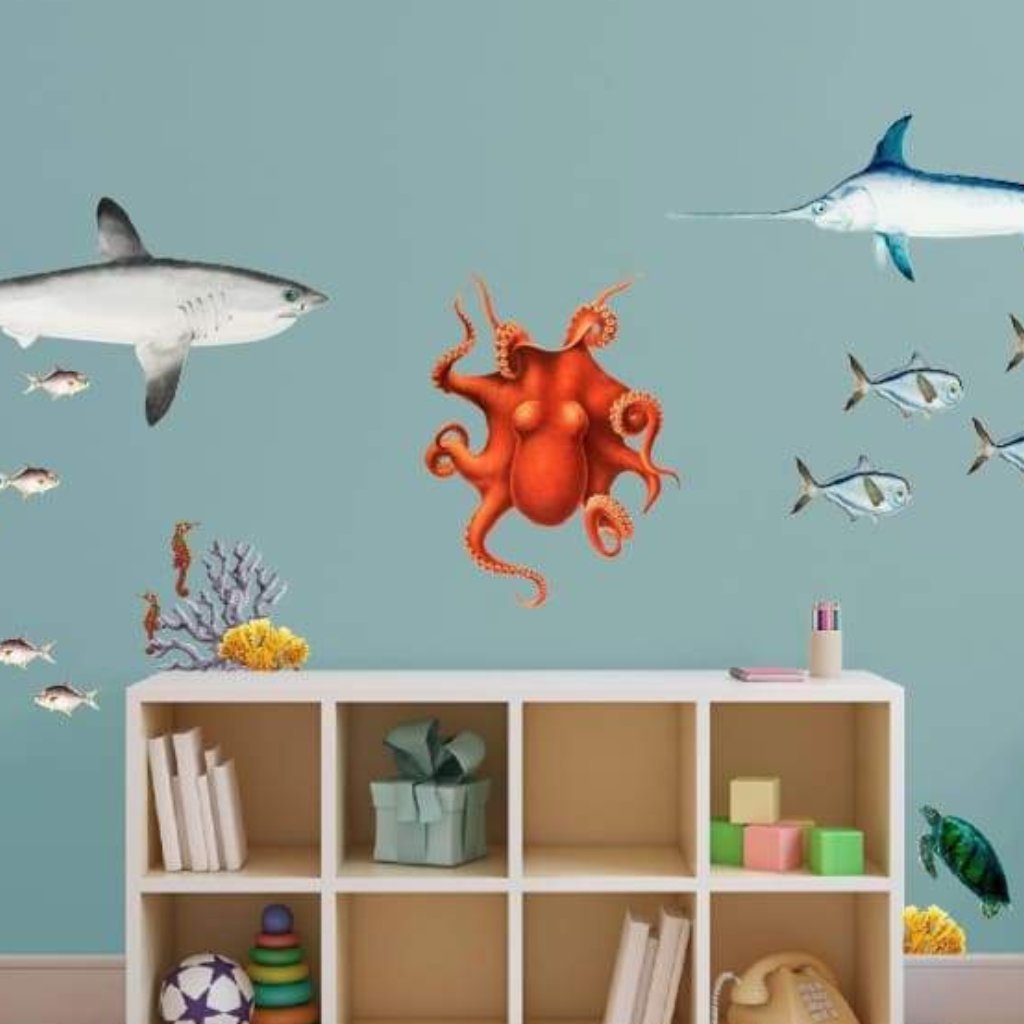 Peel and Stick Under the Sea Decals Shark Octopus Fish