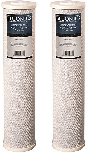 Bluonics 2-pack Big Blue Carbon Block Replacement Water Filters 5-Micron 4.5" x 20" for Chlorine, Pesticides, Insecticides, Bad Taste and Odor