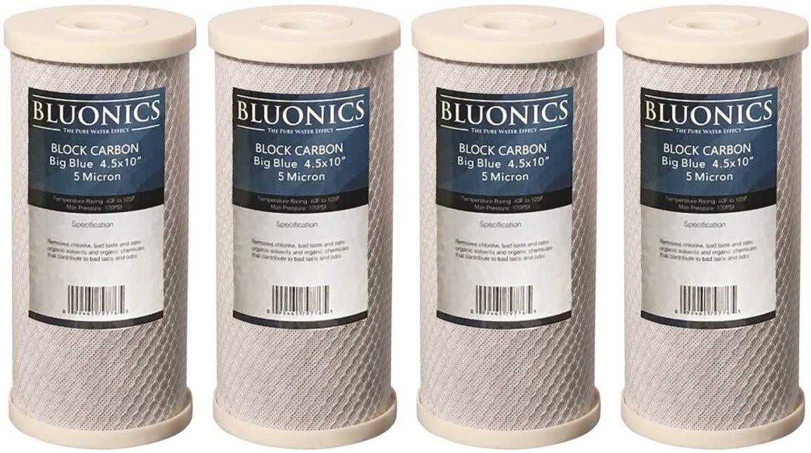 Bluonics 4-pack Big Blue Carbon Block Water Filters 5-Micron 4.5" x 10" Cartridges for Chlorine, Pesticides, Herbicides, Insecticides, Bad Taste, Odor
