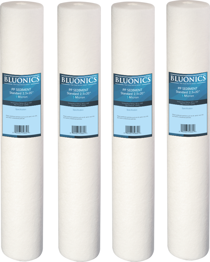 Bluonics 20" x 2.5" Sediment Water Filters (4) 5 Micron Whole House Cartridges
