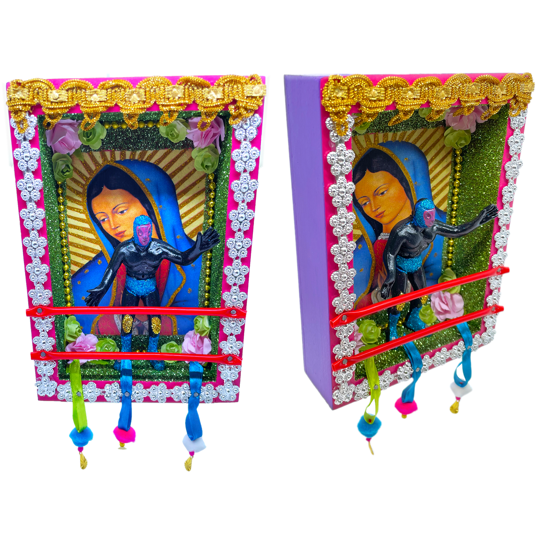 Handmade Deluxe Shadow Box Nicho - Virgen con Luchador