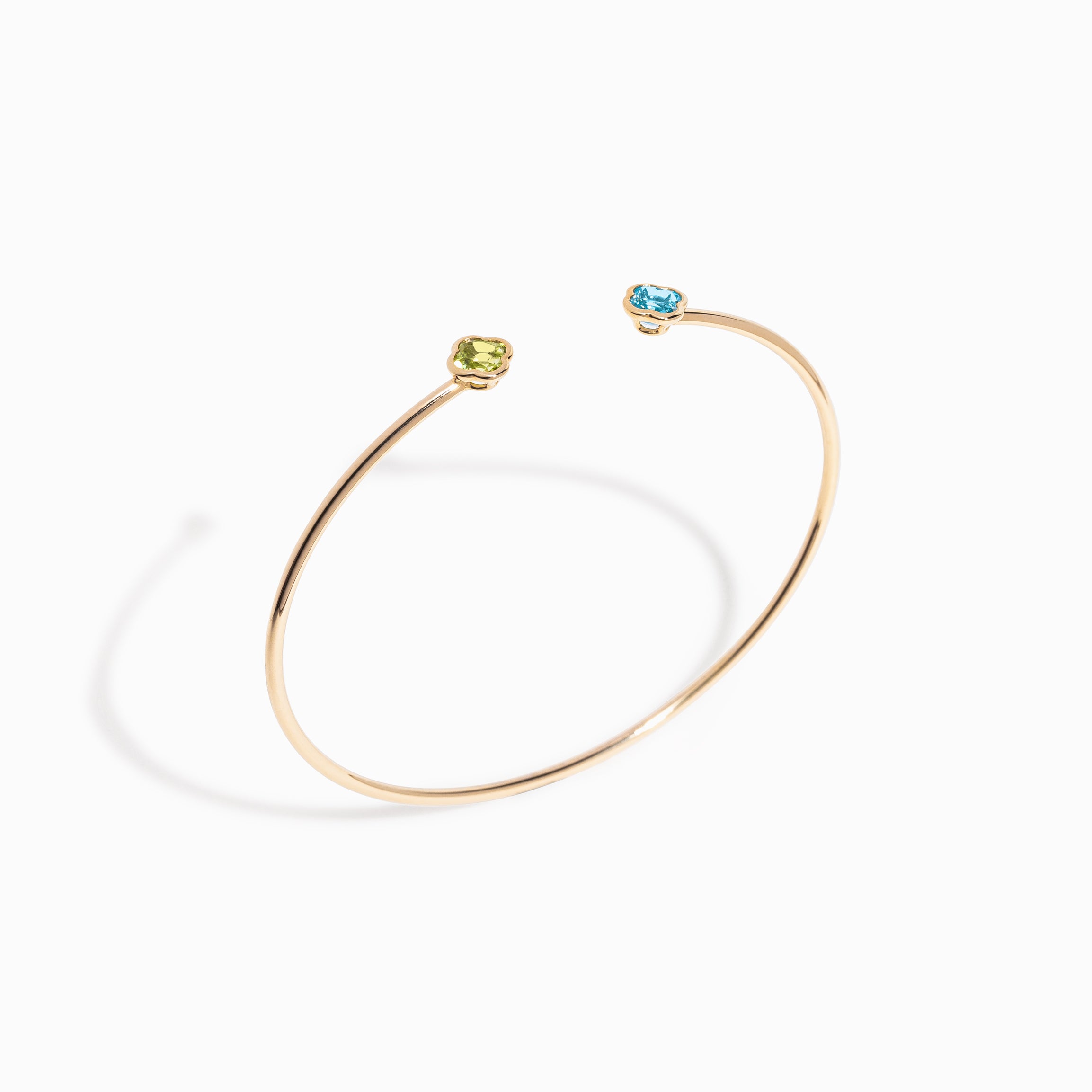 Clover Cut Swiss Blue Topaz and Peridot Bangle / 9K and 18K Solid Gold