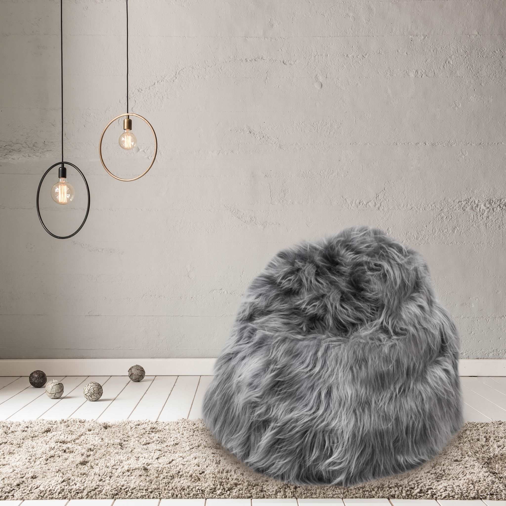 100% Icelandic Longhair Sheepskin Beanbag Chair Cool Grey