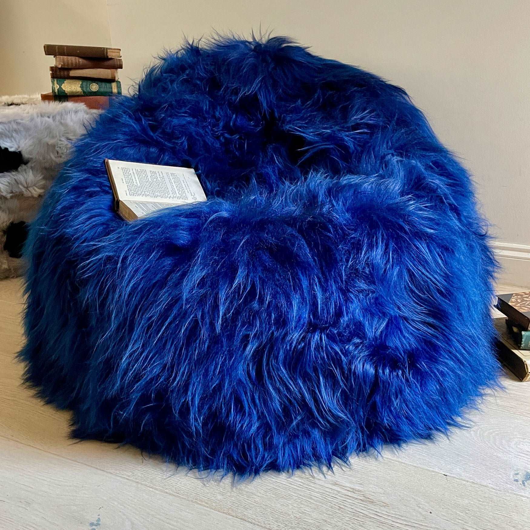 100% Icelandic Longhair Sheepskin Beanbag Chair Navy Blue | Large