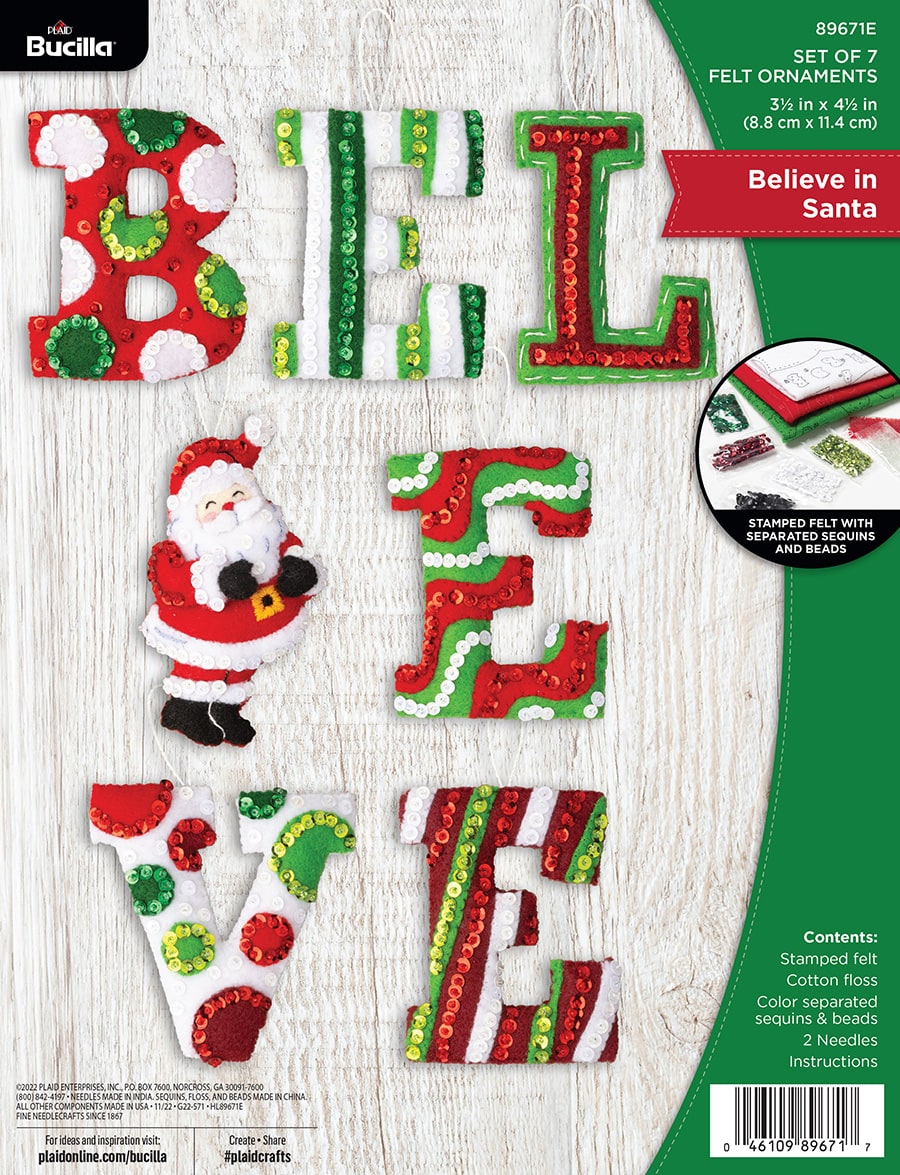 DIY Bucilla Believe in Santa Christmas Felt Ornament Kit 89671E