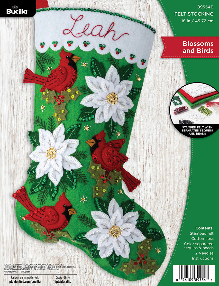 DIY Bucilla Blossoms and Birds Christmas Holiday Felt Stocking Kit