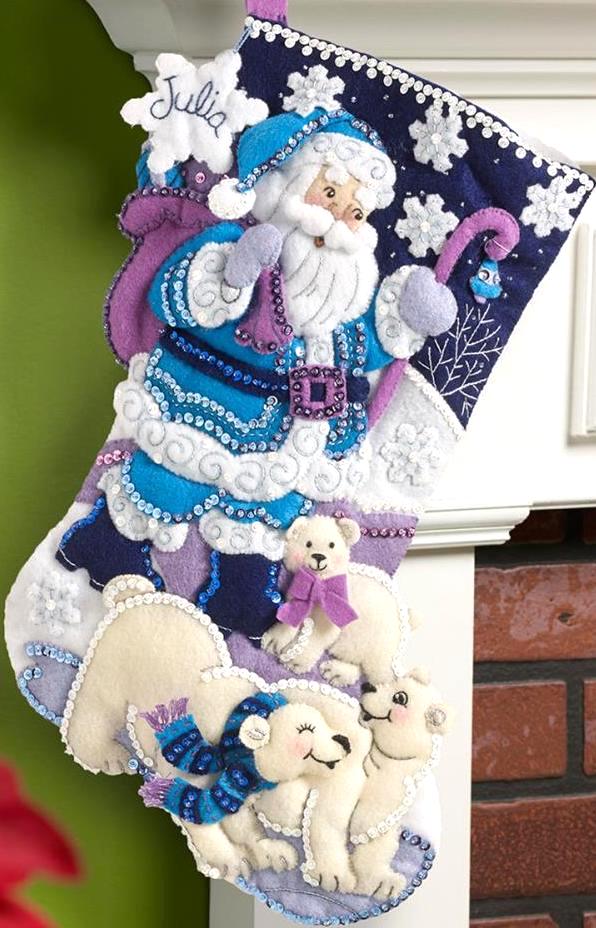DIY Bucilla Arctic Santa Christmas Polar Bears Purple Felt Stocking Kit