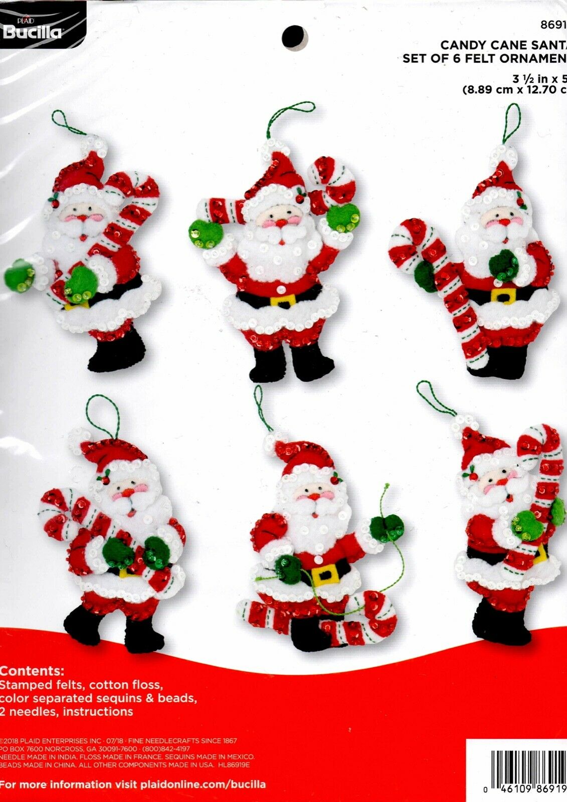 DIY Bucilla Candy Cane Santas Christmas Holiday Felt Tree Ornament Kit 86919E