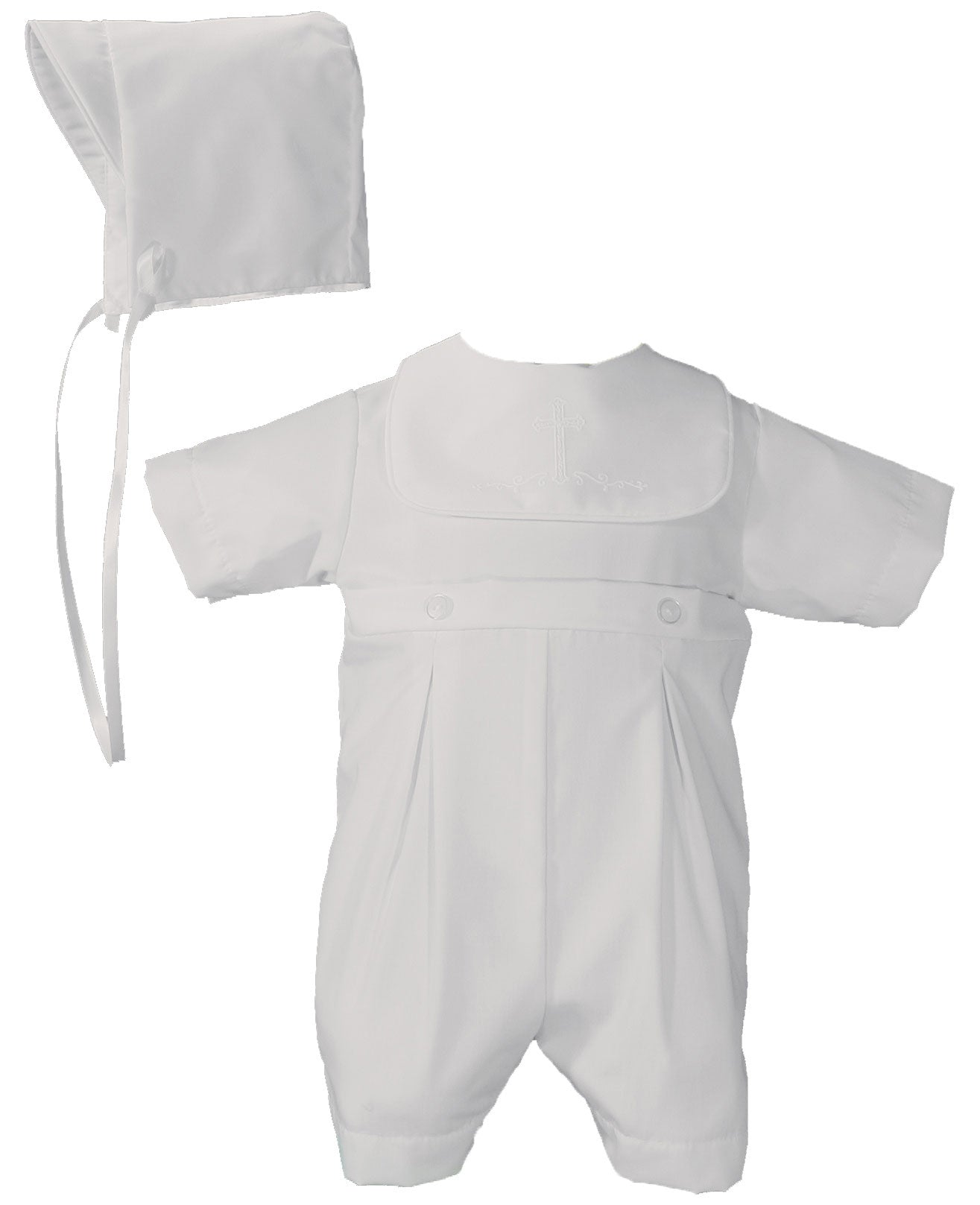 .Polycotton Romper with Screened Cross and Buttons (up to 24 months).