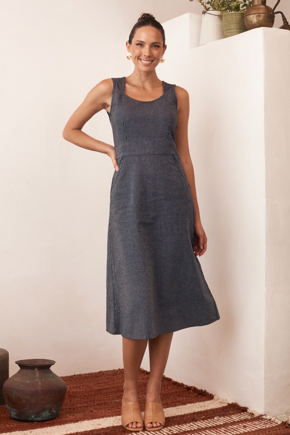 Bianca Midi Dress - Handloomed Dark Stripe