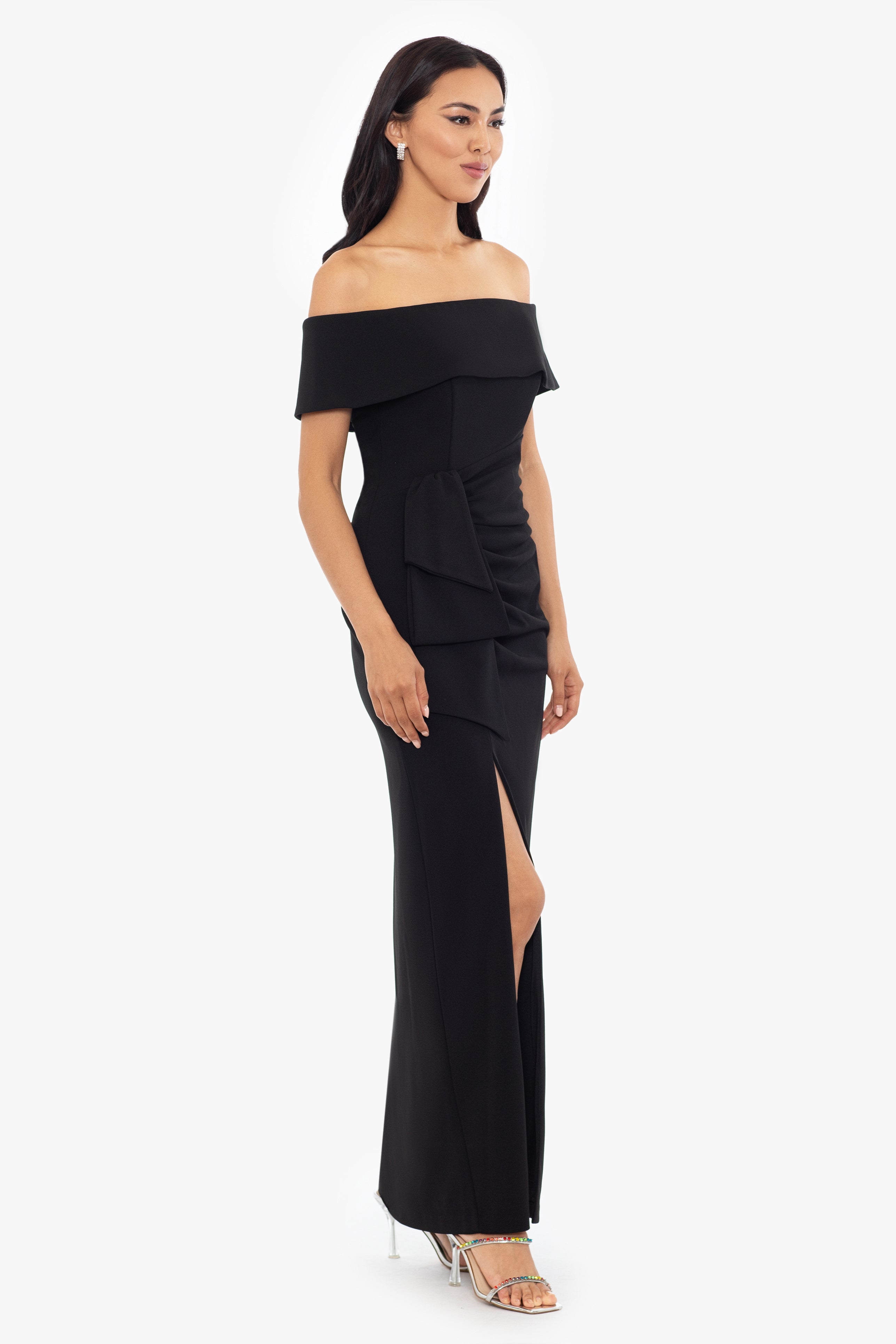 "Camila" Long Off the Shoulder Scuba Crepe Dress