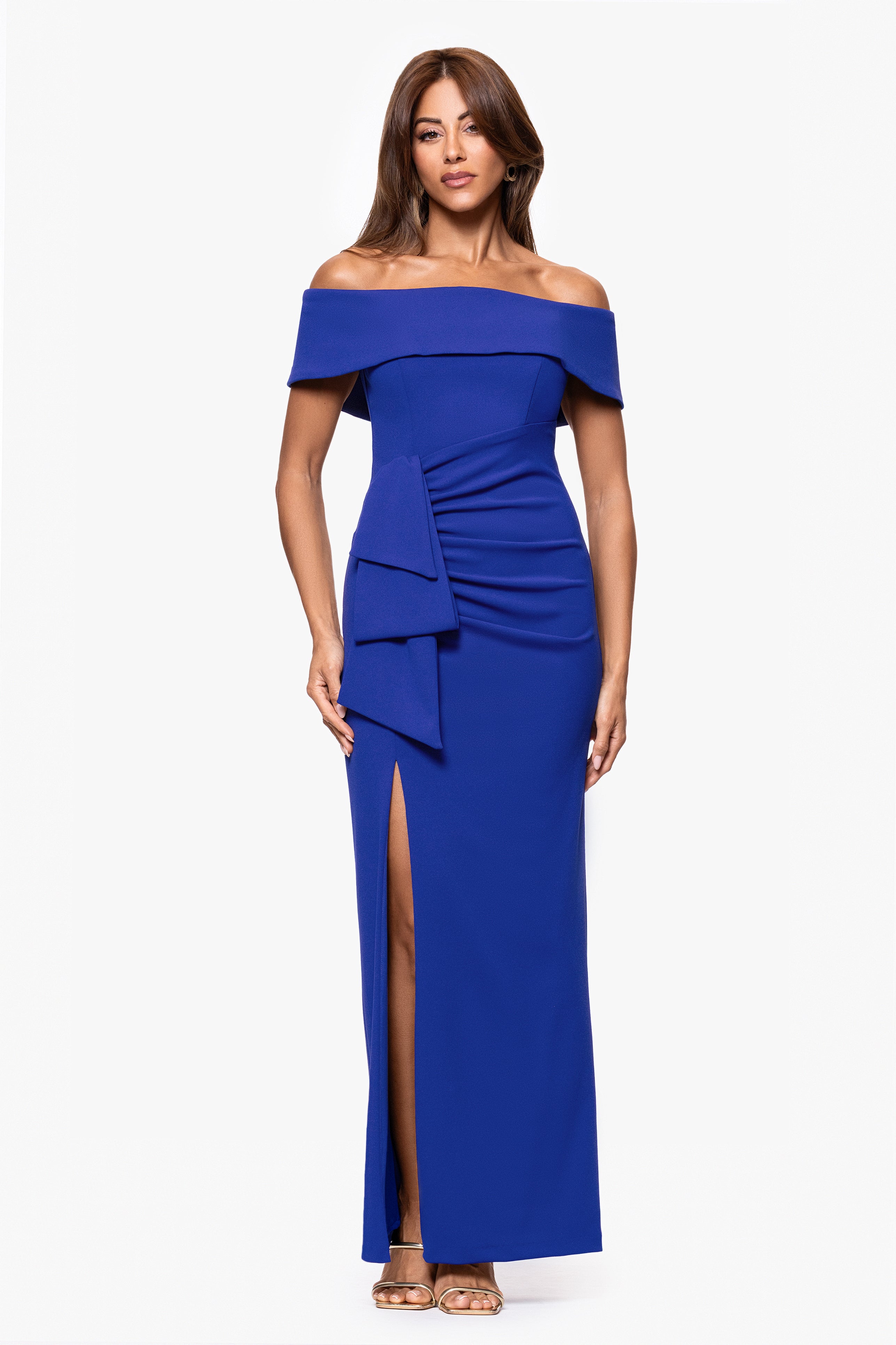 "Camila" Long Off the Shoulder Scuba Crepe Dress