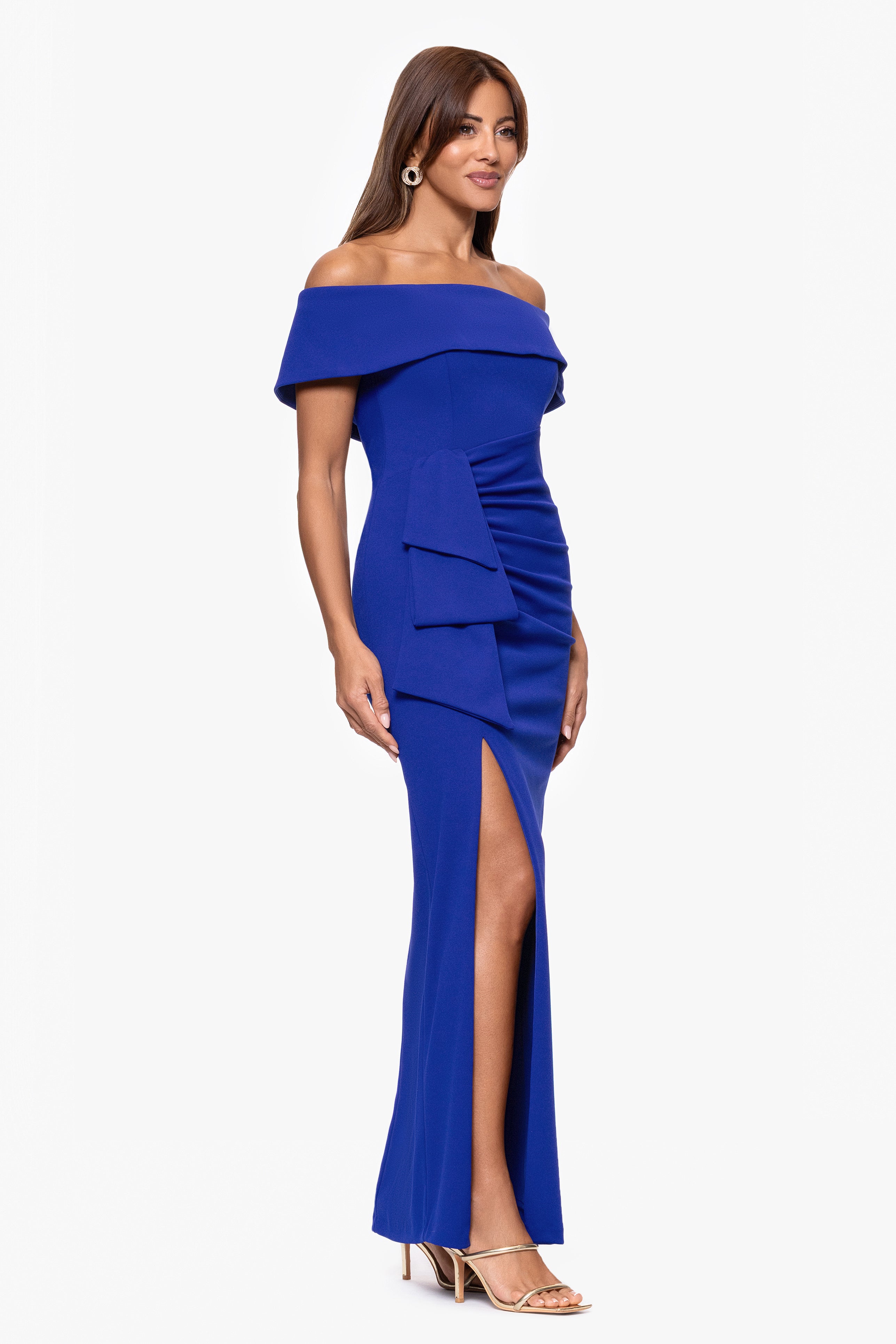 "Camila" Long Off the Shoulder Scuba Crepe Dress