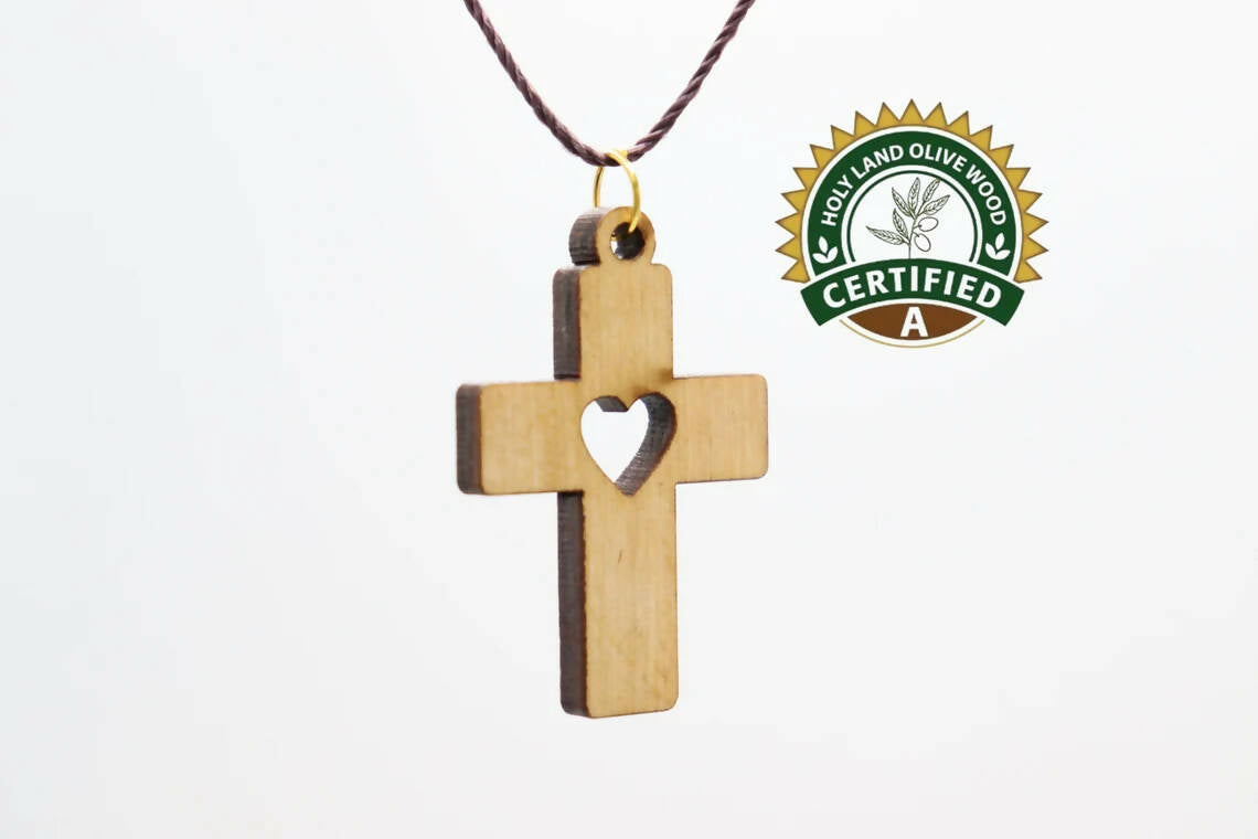 3 PCS Olive Wood Cross Hand Made Heart Pendant Necklace Holy Land Bethlehem Jerusalem Crucifix