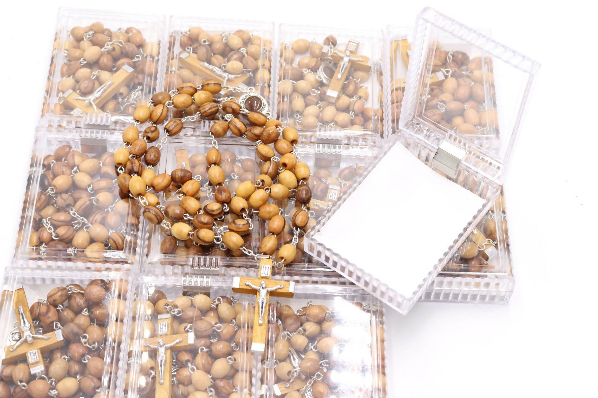 12 PCS Rosary Olive Wood Jerusalem Beads Holy Catholic Necklace Soil Crucifix