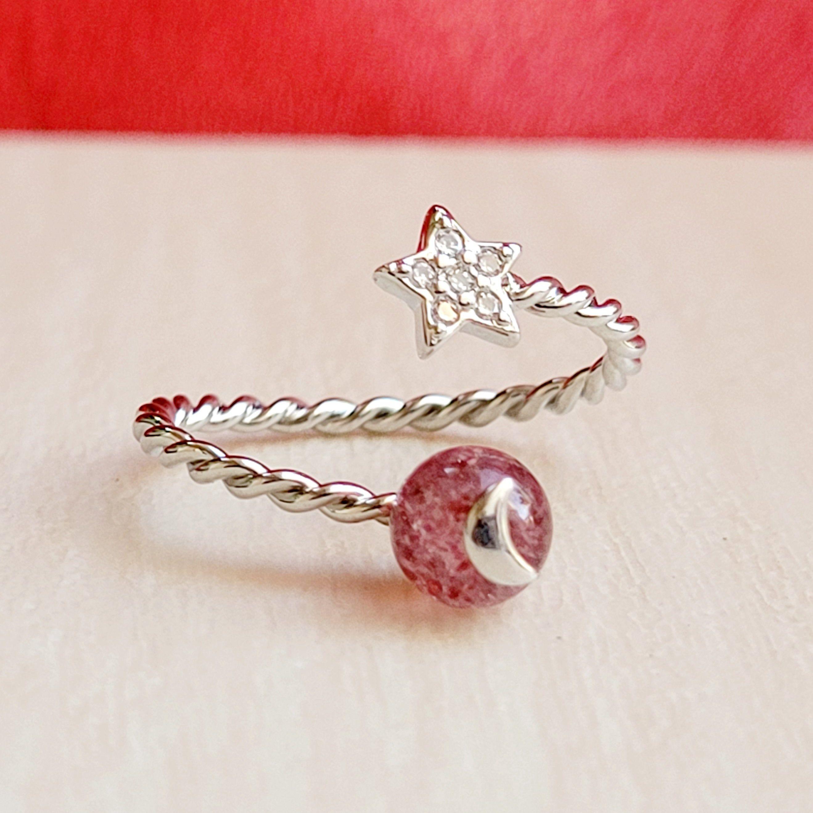 Braided Band Moon and Star Silver Stone Ring