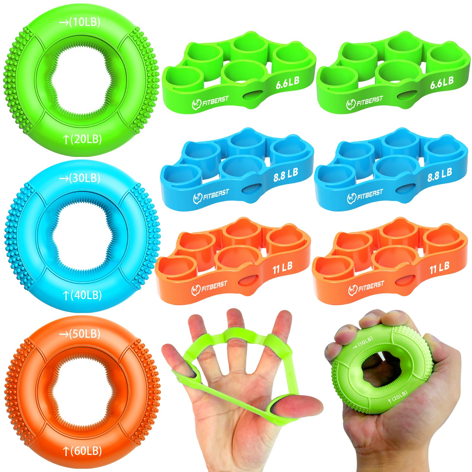 FitBeast Grip Strength Trainer, Finger Exerciser, Forearm Strengthener 9-Piece Kit, Hand Grip Strengthener Targeted Strength, Relief & Recovery - Orange