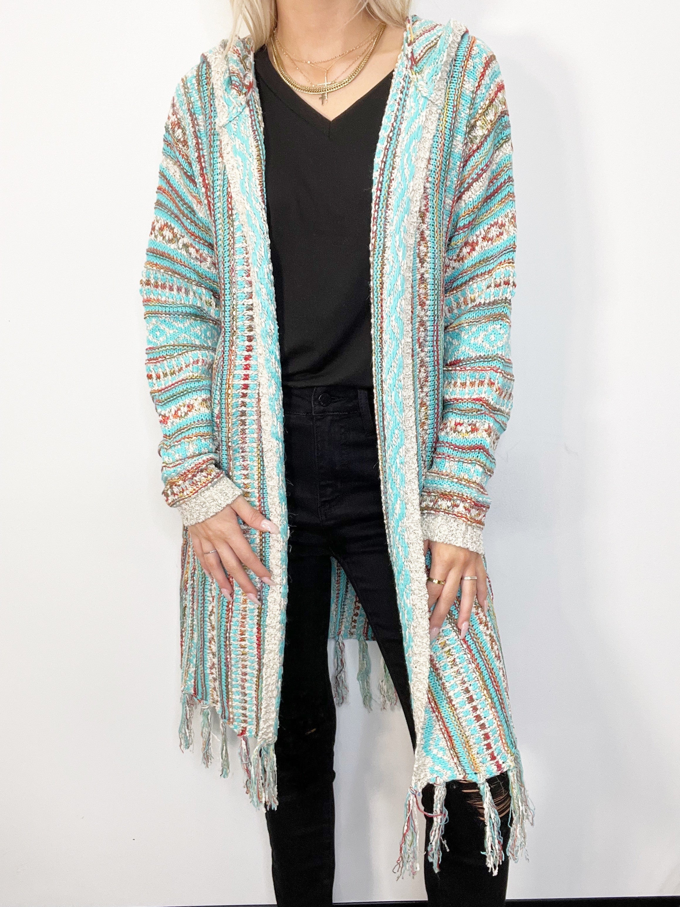 *Tribal Stripe Cardigan w/ Fringe & Hood -  TURQUOISE
