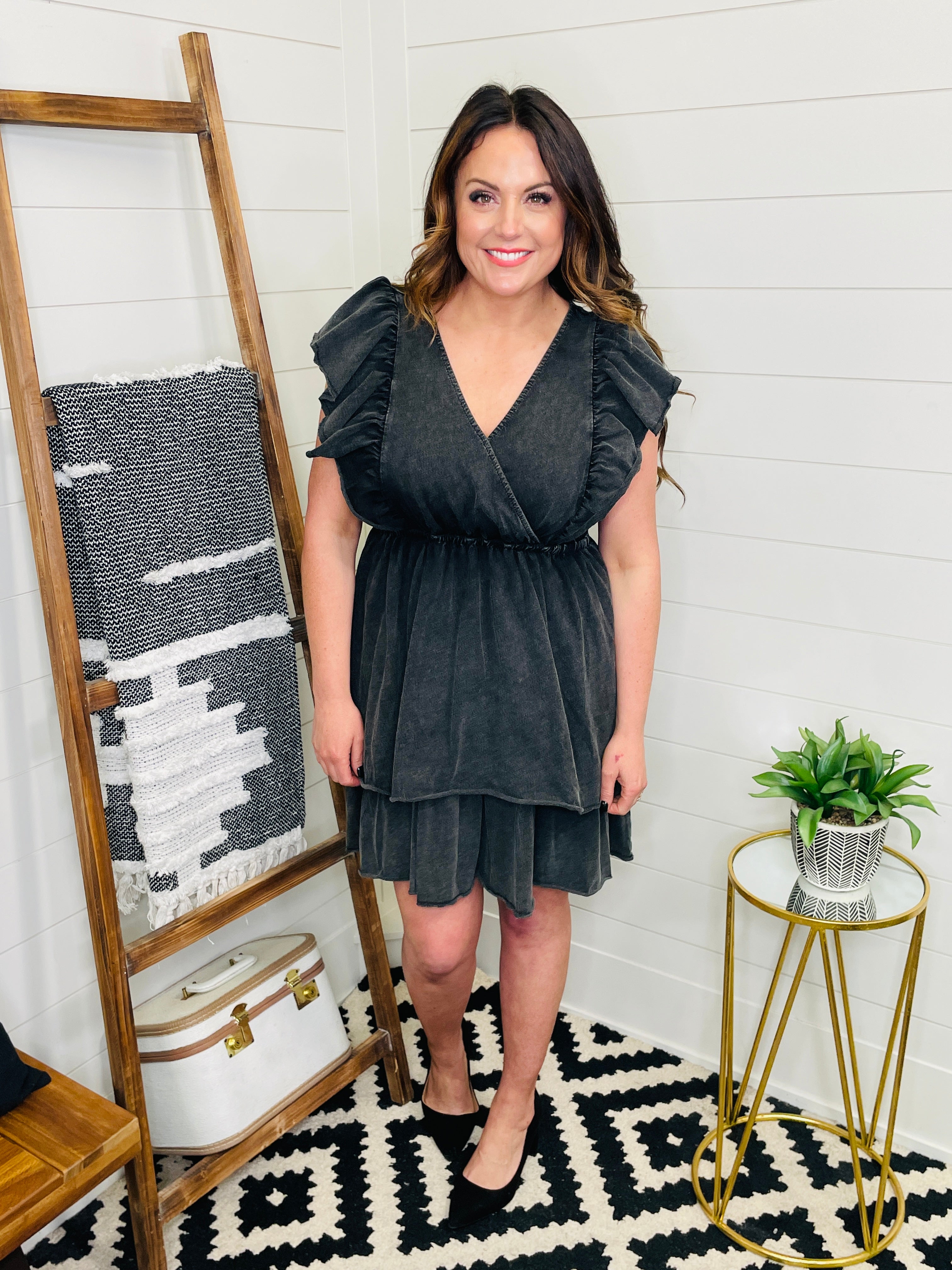 Charcoal Faux Denim Tiered Dress