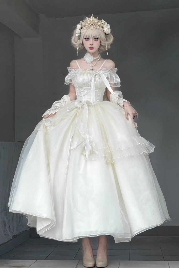 Apricot [Bright Stars] Off Shoulder Ruffle Bowknot Asymmetric Sweet Elegant Princess Lolita Dress