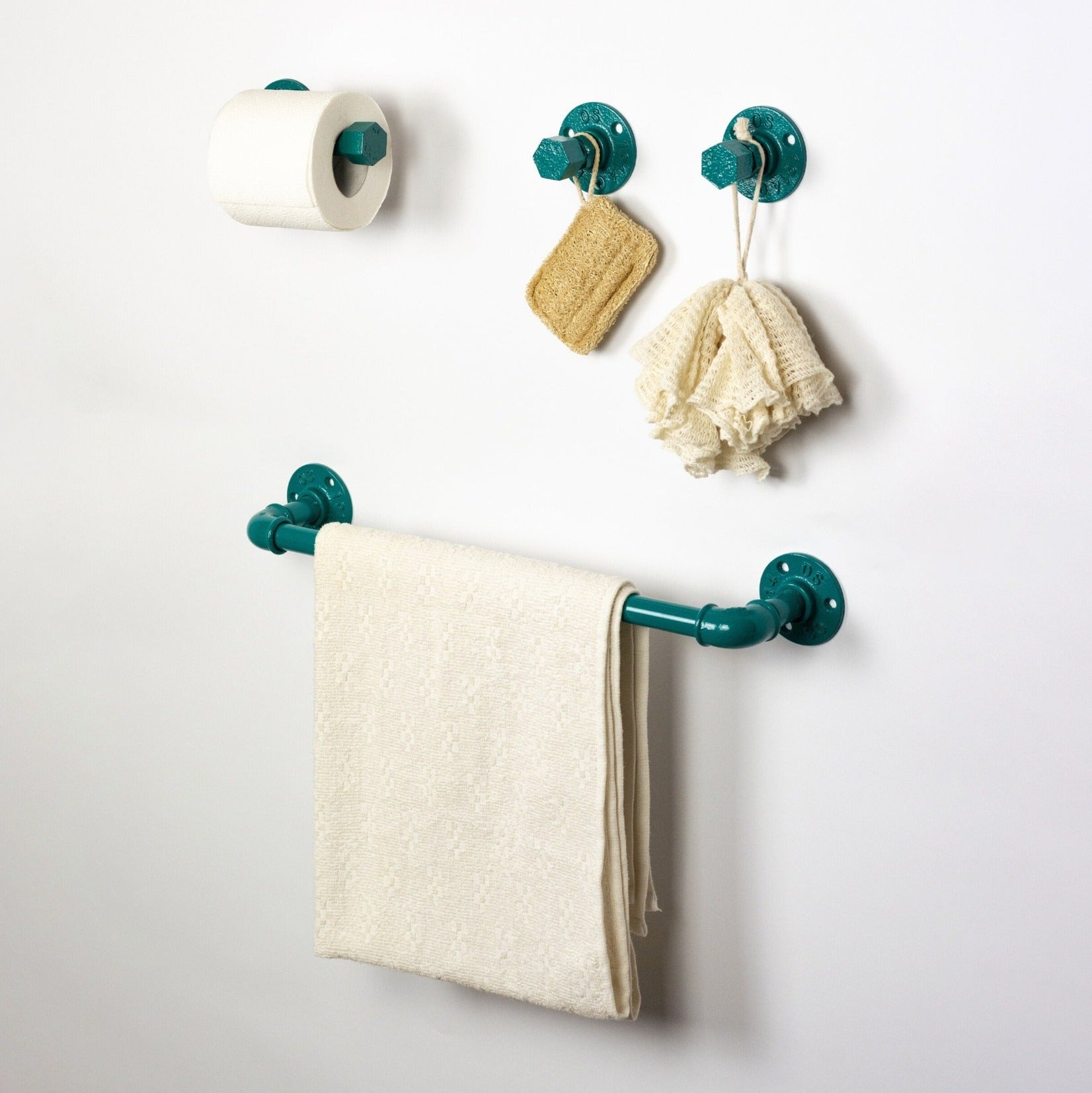 Bathroom Accessories Set 4pcs, Toilet Roll Holder, Towel Rack, Wall Hooks, Turquoise Industrial Bathroom Set