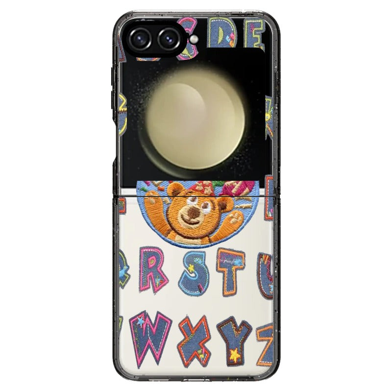 "Happy Birthday" Jean Patch Style Teddy Bear and Letter Stickers Phone Case_Samsung Z Flip [1462873]