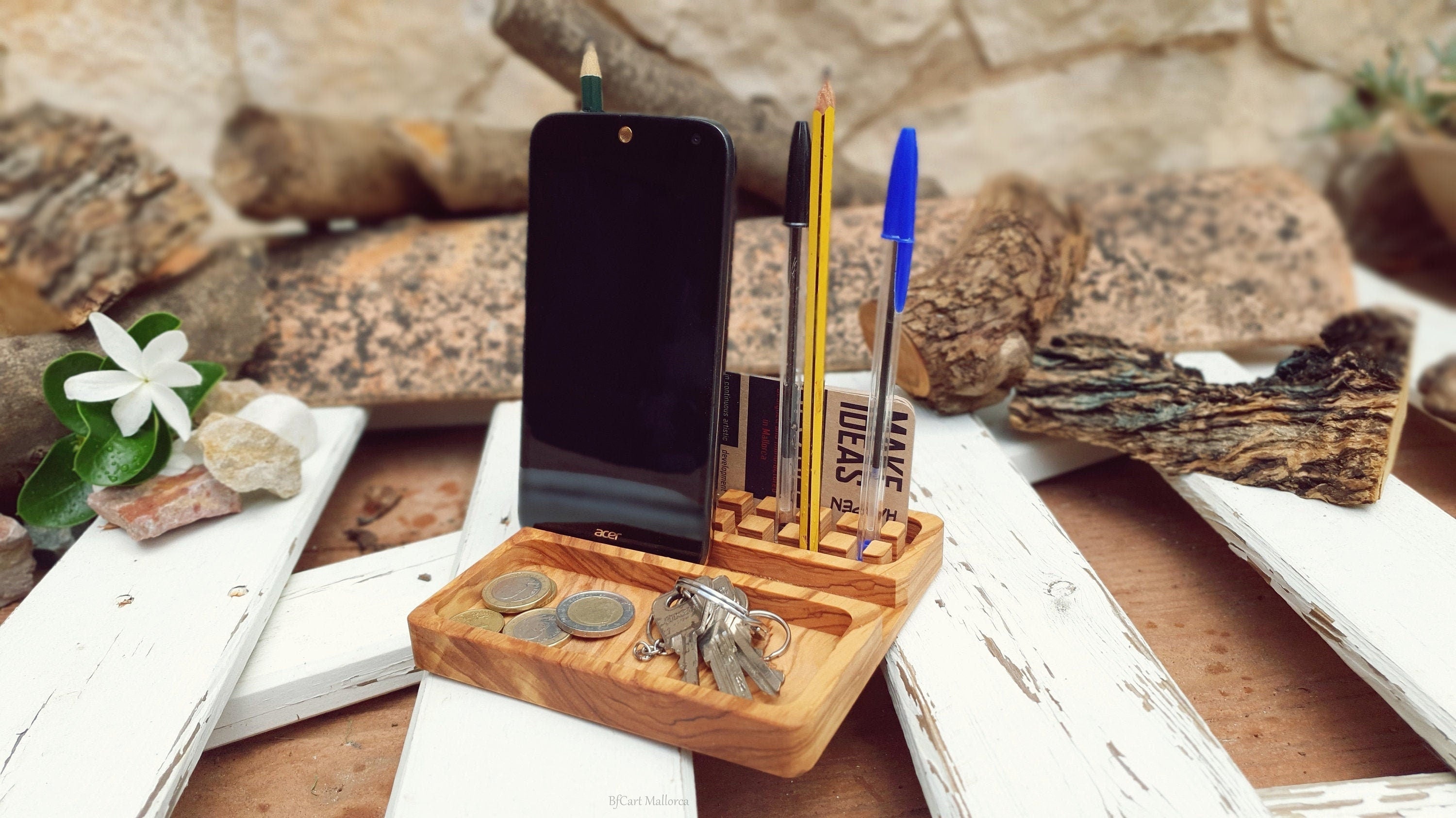 Desk Organizer Office Olive Wood , Station Desk , Docking Station, Iphone Holder, Phone Holder, Pencil Holder, Coin Organizer, Father's day