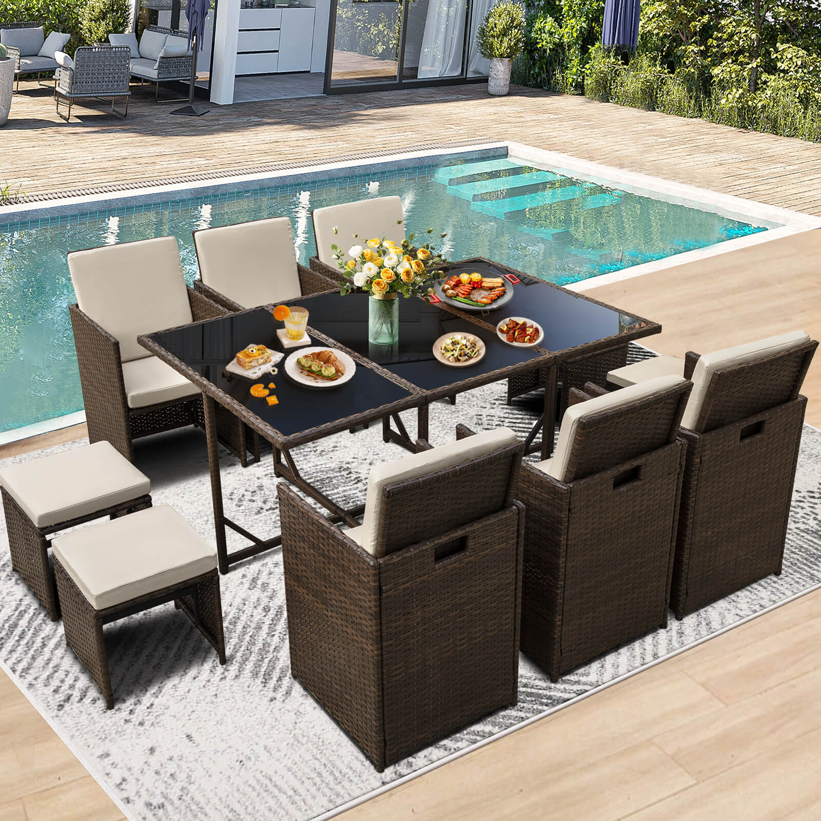 11 Pcs Patio Dining Set Space Saving Rattan Furniture W/ Ottoman, Cushion & Dust Cover