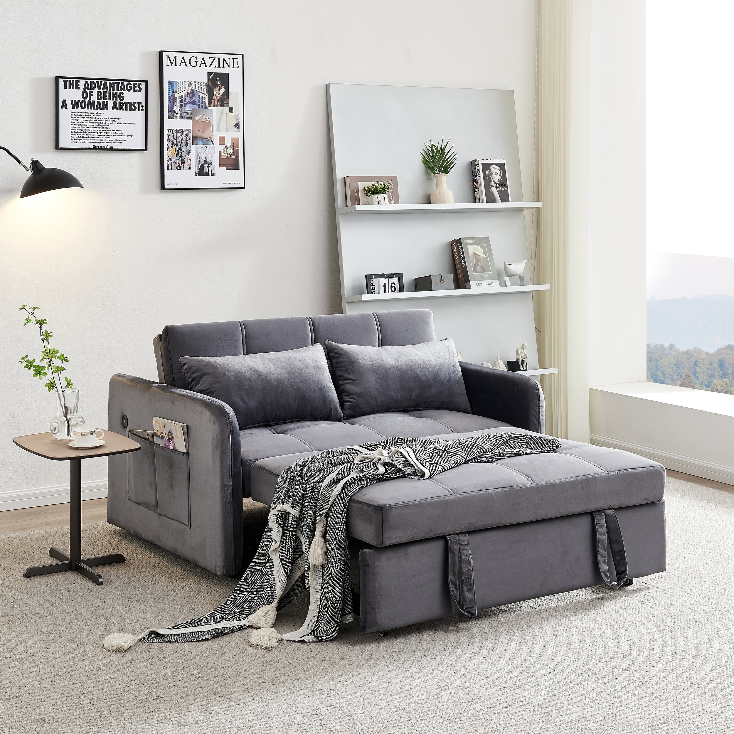 3 In 1 Velvet Sleeper Sofa Bed W/ Reclining Backrest, Toss Pillows, Pockets, Gray