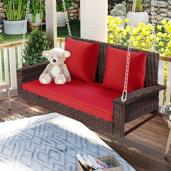 2-Seat Wicker Hanging Porch Swing Bench with Chains, Red Cushion & Pillow