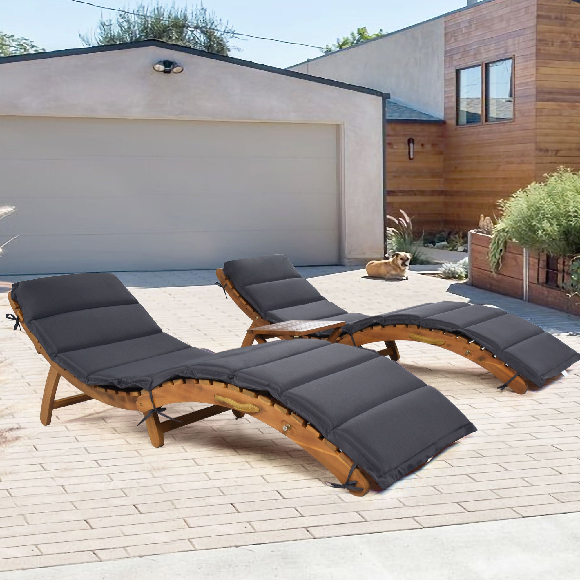 3 Pcs Outdoor Wood Chaise Lounge Set with Foldable Tea Table, Brown Finish & Dark Gray Cushion