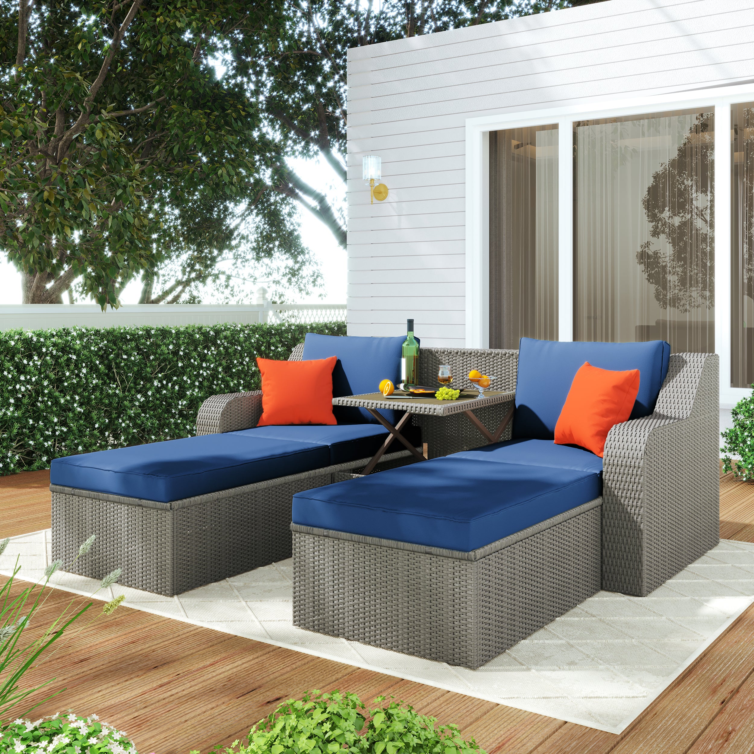3-Piece Patio Wicker Sofa with Cushions, Pillows, Ottomans and Lift Top Coffee Table