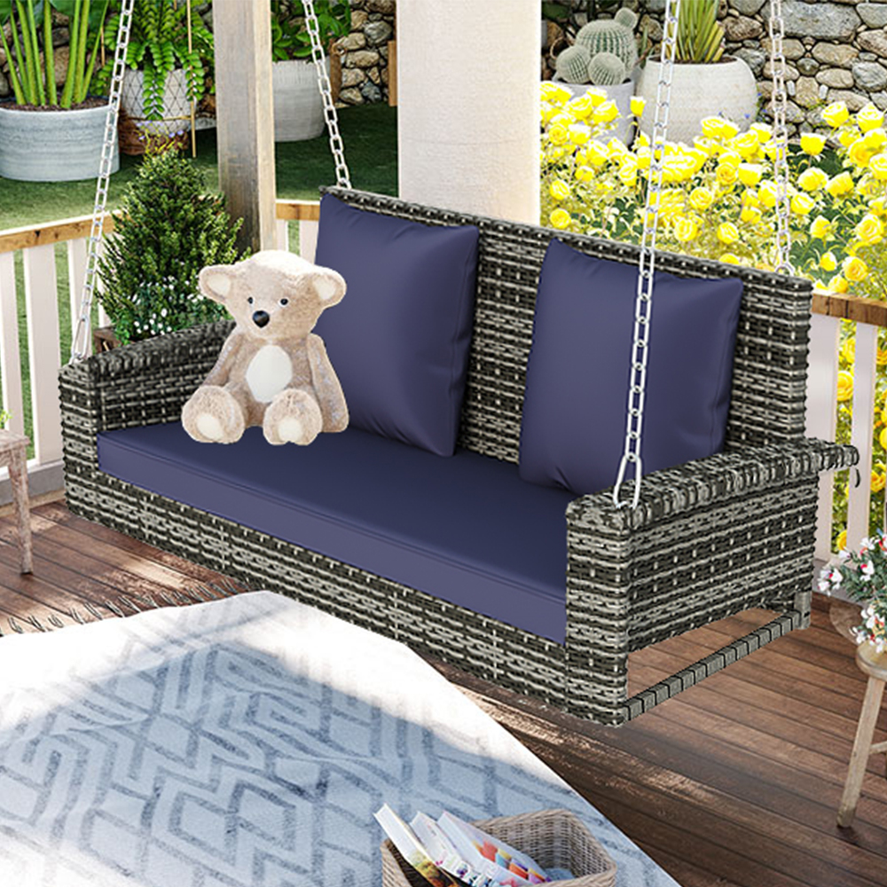 2-Seat Wicker Hanging Porch Swing Bench with Chains, Blue Cushion & Pillow