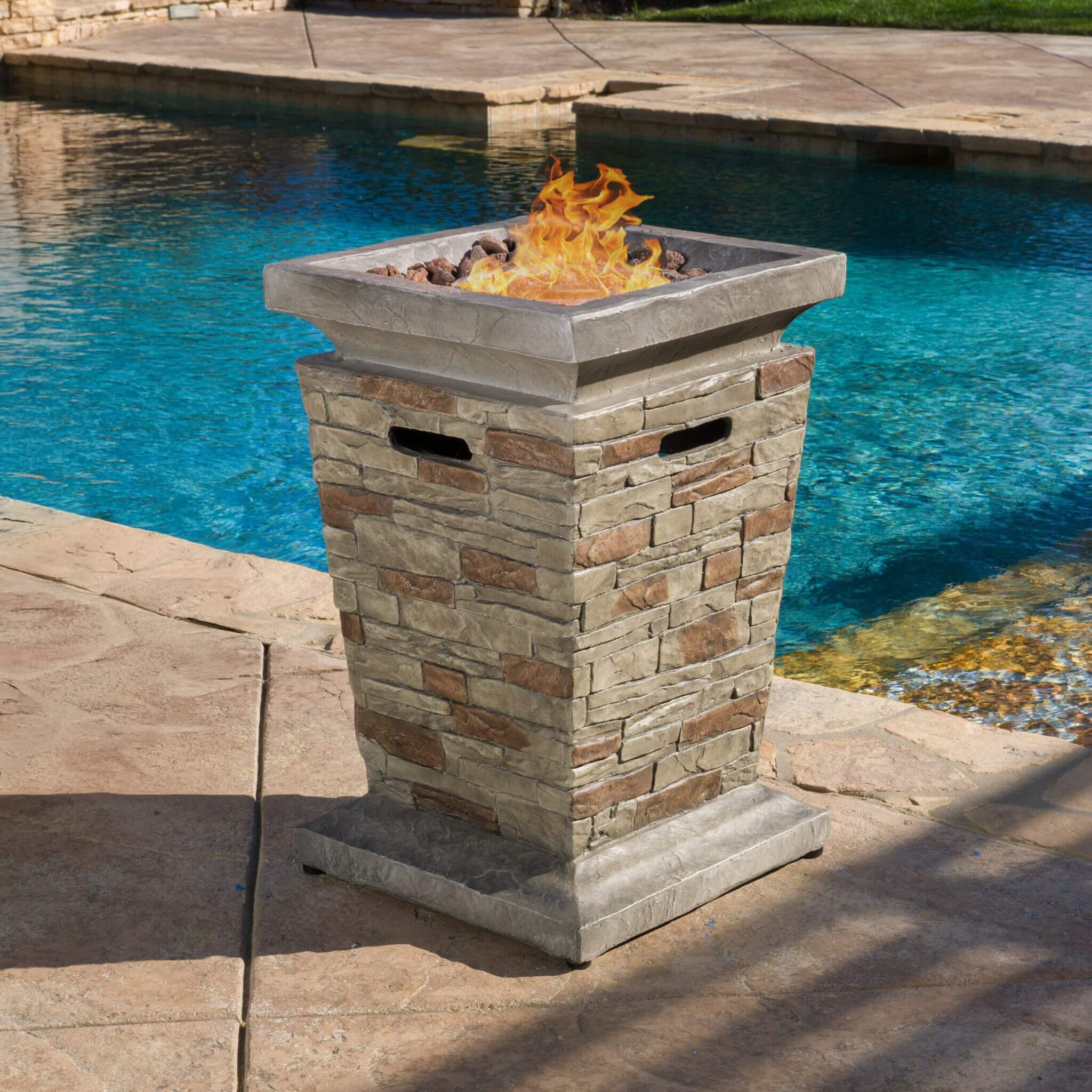 19" Outdoor 40K BTU Natural Stone Fire Column (SAK36771) - Stone Gray