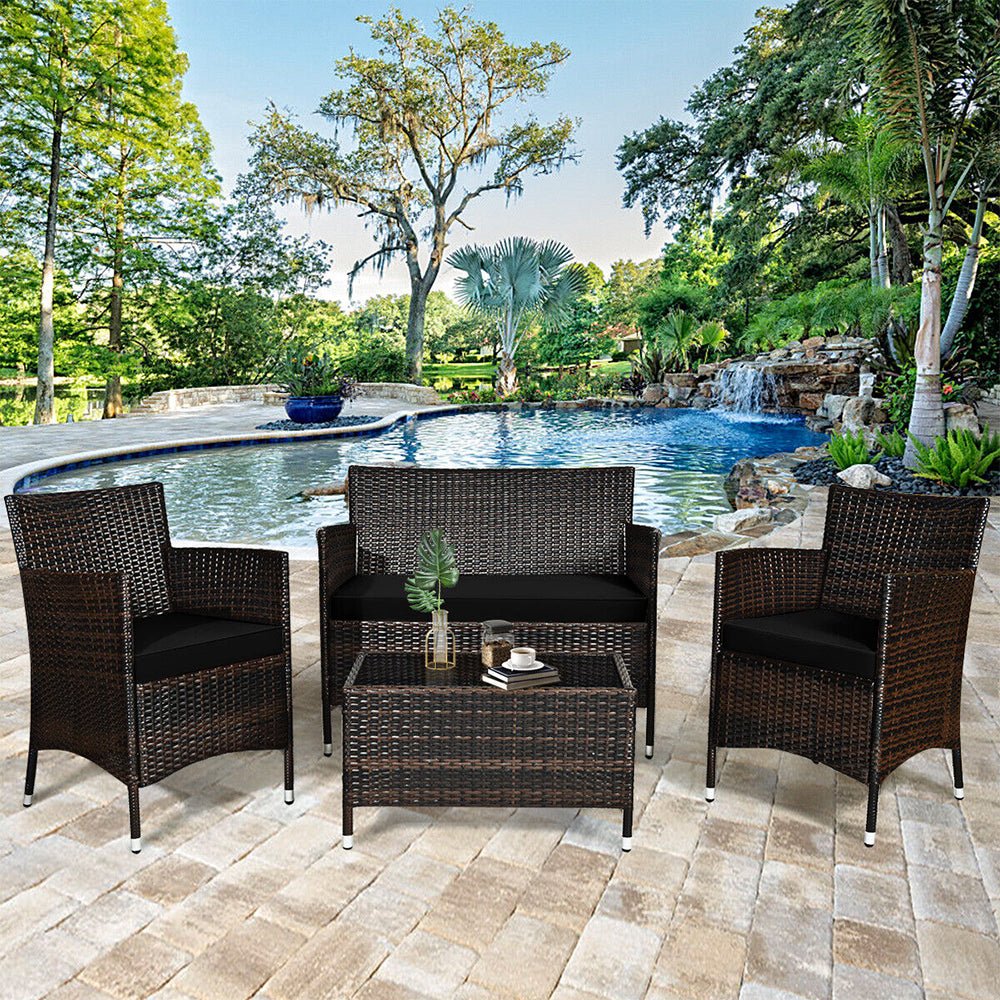 4‑Piece Outdoor Rattan Patio Furniture Set with Cushions & Coffee Table