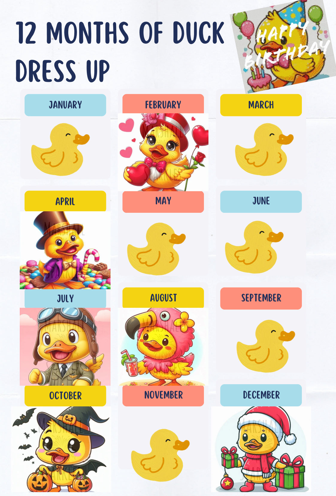 12 Months of Duck (Free Birthday Duck, 13 canvas) © 30x30