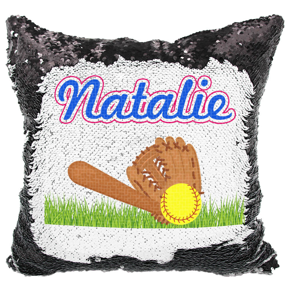 Handmade Personalized Softball Field Reversible Sequin Pillow Case