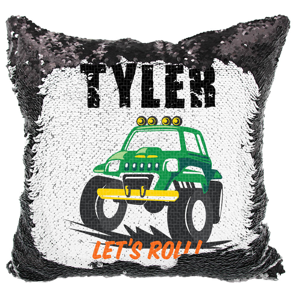 Handmade Personalized Monster Truck Reversible Sequin Pillow Case