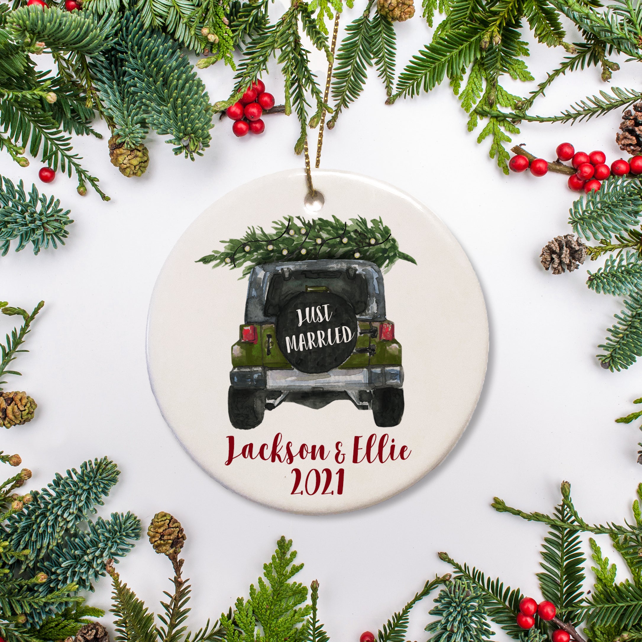 Army Green Off Road Truck Christmas Ornament - Just Married