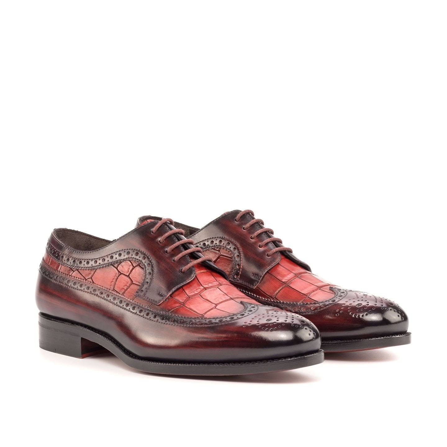 Ambrogio Bespoke Men's Shoes Burgundy & Red Crocodile Print / Patina Leather Longwing Blucher Oxfords (AMB2243)