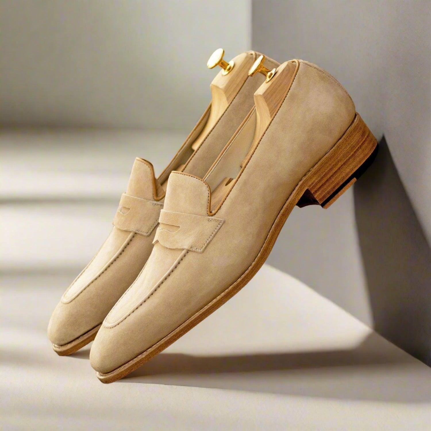 Ambrogio Bespoke Men's Shoes Camel Suede Leather Penny Loafers (AMB2393)