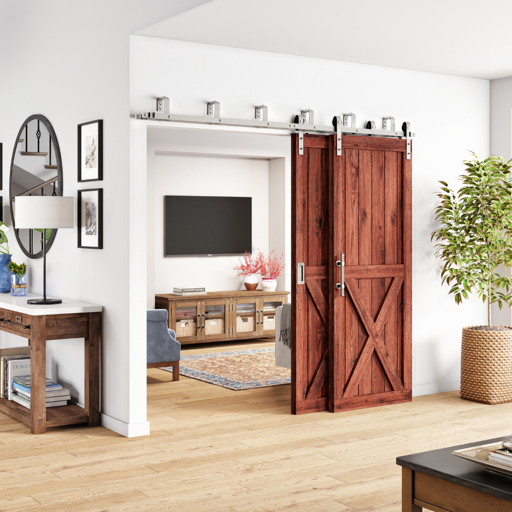 Classic Strap Bypass Barn Door Hardware Kit, Brushed Nickel Finish