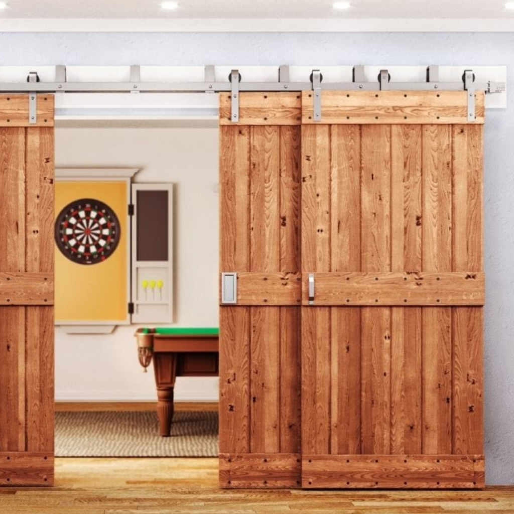 Classic Strap Triple Bypass Barn Door Hardware Kit Brushed Nickel Finish